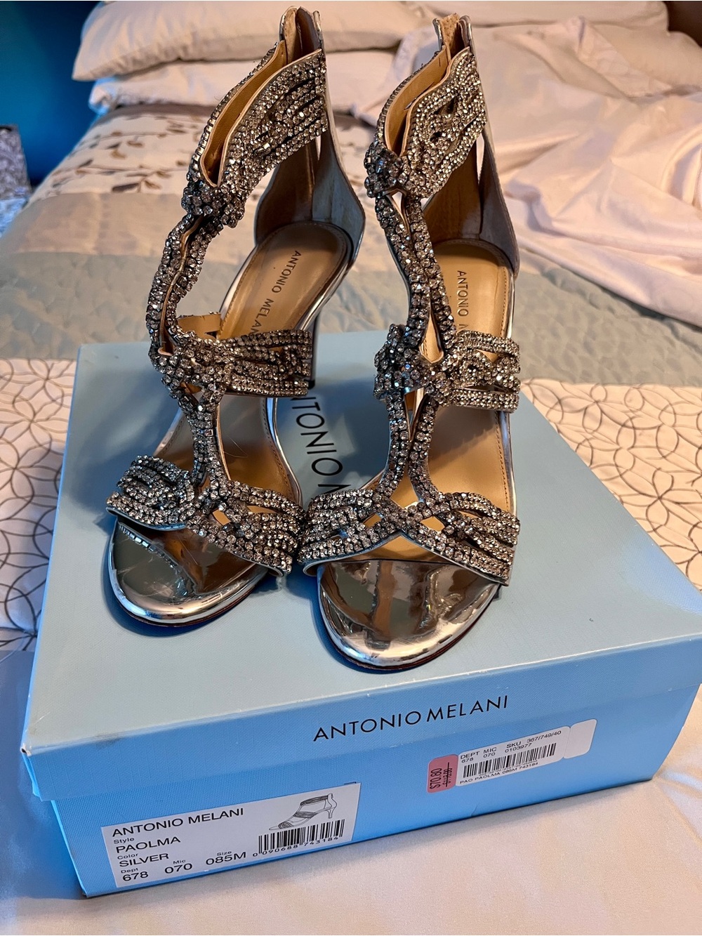 ANTONIO MELANI Silver Crystal T-Strap Evening Heels - Size 8.5